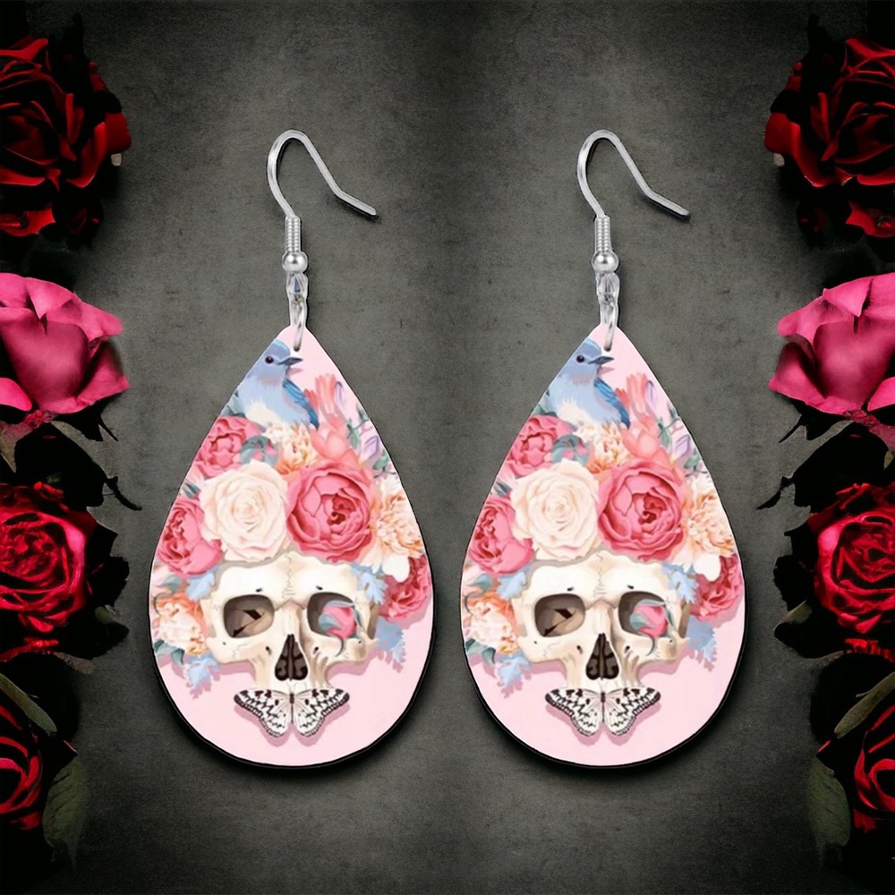 Pink Rose Flower Skull‎ Print Dangle Halloween Earrings Bohemian Faux Leather